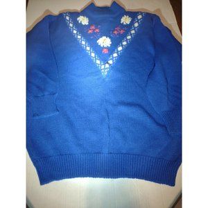 Vintage Korean Knit Sweater Womens Med Blue Girly Grandma Hand Embroidery